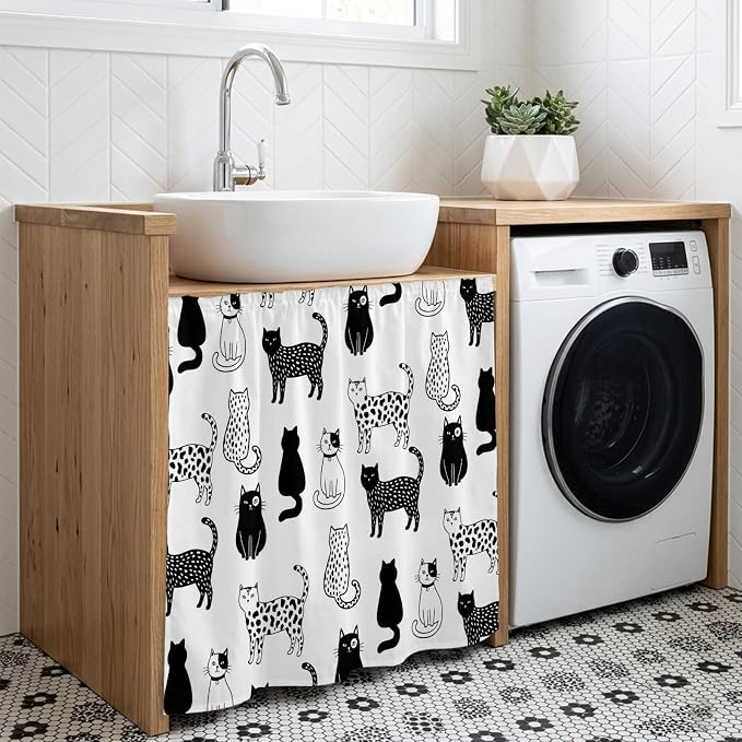 Cat Animal Cabinet Curtain 35"Wx35"L,Dustproof Under Sink Skirt with Self Adhesive Tape,Black White Earthy Tone Pet Modern Minimalist Cabinet Curtain Cover for Kitchen Sink,Bathroom Vanity,Laundry