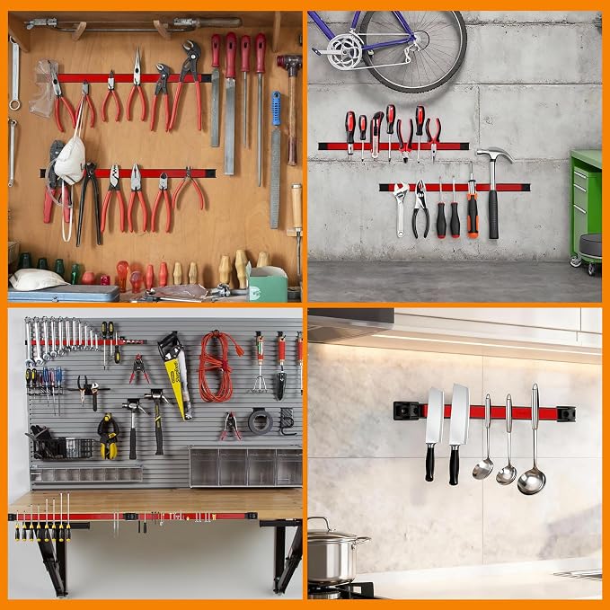 24" Magnetic Tool Holder Strip, 4 Pieces Red Metal Tool Organizer Rack with Stainless Steel Surface, Magnet Bar for Garage Workshop, Easy To Install with Mounting Screws