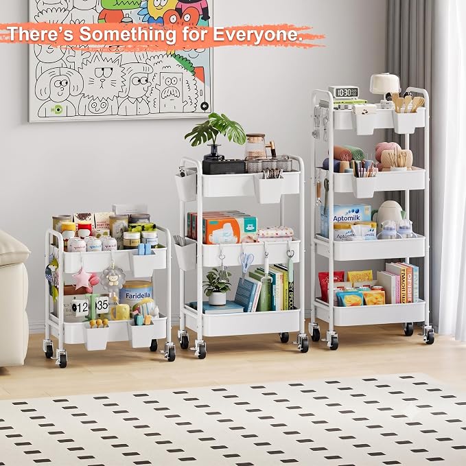 Heavy Duty 4 Tier Rolling Storage Cart Metal with Wheels, White Four Tiered Utility Roller Carts Organizer on Wheels for Art, Craft, Baby Diaper Caddy, Snack, Book, Large-Capacity Shelving Units, 37in