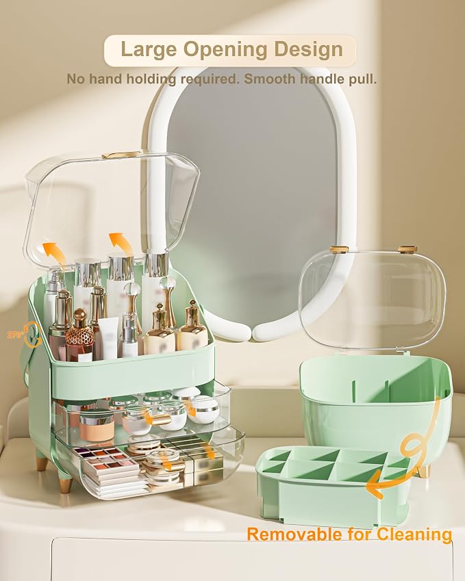 Makeup Organizer Countertop, Skincare Holder Bathroom Counter Organizer, Storage Box Cosmetic Display Cases, Teen Girl Gifts Make up Organizers (Green/Lipstick)