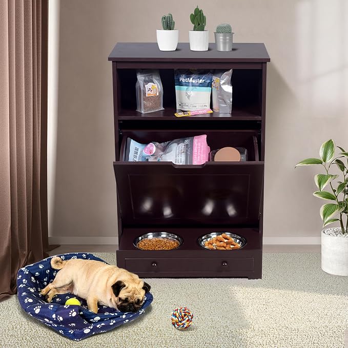 Pet Feeder Station, Dog Food Storage Cabinet with Stainless Steel Double Pull Out Raised Dog Bowls, Pet Food Toy Storage Container, Elevated Cat Bowls Feeding & Watering, Pet Toy Storage Organizer
