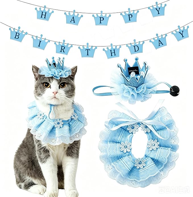 Cat Princess Costumes Cat Crown Hat & Lace Bandana Scarf Set, Puppy Party Hat for Small Dogs & Cats, Lace Outfit for Cats and Small Dogs Birthday Party (Blue(Crown Hat&Scraf&Banner))