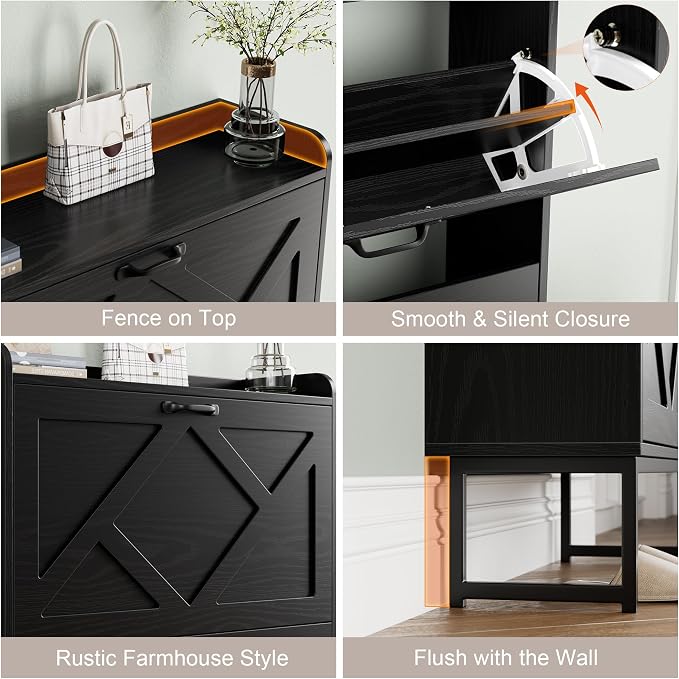 Shoe Storage Cabinet with 2 Flip Drawers, Entryway Cabinet, Black | Slim Shoe Cabinet with Metal Legs, Narrow Farmhouse Shoe Organizer for Entryway, Foyer, Hallway, Wood Shoe Rack with Hook