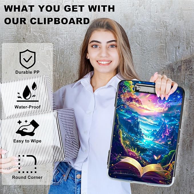 Book Mountains A4 Clipboard with Storage Pen Holder, Clipboards Organizer Nursing Clipboard Foldable File Folder Plastic Clipboard Folio Clip Board for Office Students Classroom Doctor