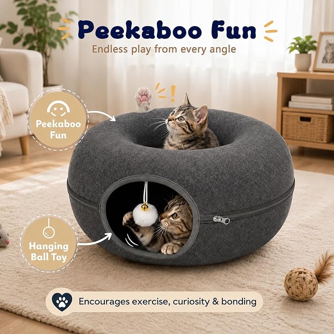 Felt Cat Tunnel for Large Indoor Cats, 24" x 24" x 12" Peekaboo Cave Bed | Dark Grey 24" x 24" x 12" sturdy 1300g felt cave with 7" entrance, rear peek hole, large zipper and hanging ball.