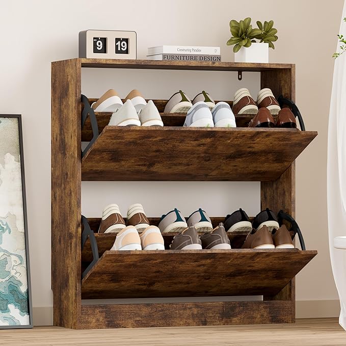 BORNOON Shoe Cabinet with 2 Flip Drawers, Slim Narrow Shoe Storage Cabinet, Freestanding Shoe Organizer with Adjustable & Removable Shelves, Top Display Shelf for Entryway, Hallway, Foyer, Closet
