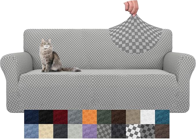 YEMYHOM Couch Cover Latest Jacquard Design High Stretch Sofa Covers for 3 Cushion Couch, Pet Dog Cat Proof Slipcover Non Slip Magic Elastic Furniture Protector (Large, Light Gray Checkered)