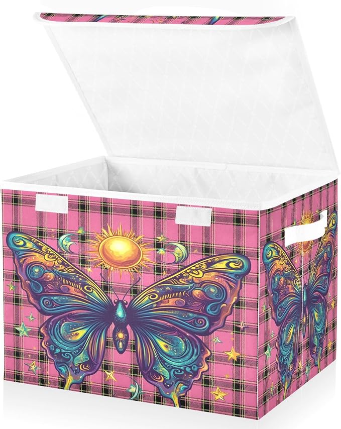Fabric Storage Bins with Lid Butterfly Closet Bedroom 40L Storage Basket | Decorative Storage Boxes, 300D Oxford Cloth, Hollow Board Frame, Flip Top Velcro Lid, 16.5x12.6x11.8 inch, Collapsible Design