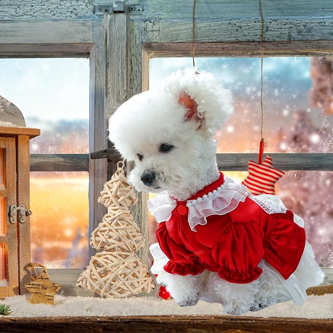 FLAdorepet Dog Christmas Costume Outfits,Red Velvet Small Dog Bowknot Pearl Dress Tutu Skirt, Winter Cat Clothes Pet Apparel(Red Bow, X-Large)