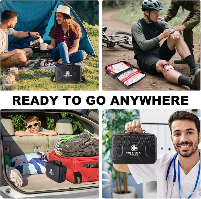 Gevoke 410 Piece Waterproof Hard Shell First Aid Kit, Black | For Home, Car, Travel, Camping, Truck, Hiking, Sports, Office, Vehicle & Outdoor, Emergency Medical Kits