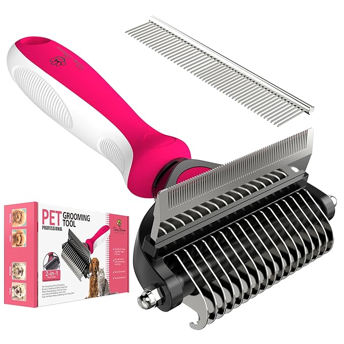 Spring Blossoms-2 in 1 Professional Grooming Rake for Cats & Dogs-Dematting Comb for Easy Mats & Tangles Removing,Pet Brush Safe No More Nasty Shedding and Flying Hair (Rose)