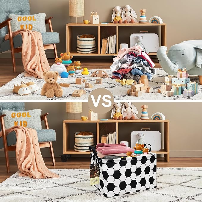 Rectangle Foldable Storage Basket Handles For Home, Football | Waterproof canvas material, reinforced handles, perfect for shelf use, organizes clothes, daily items and pet supplies