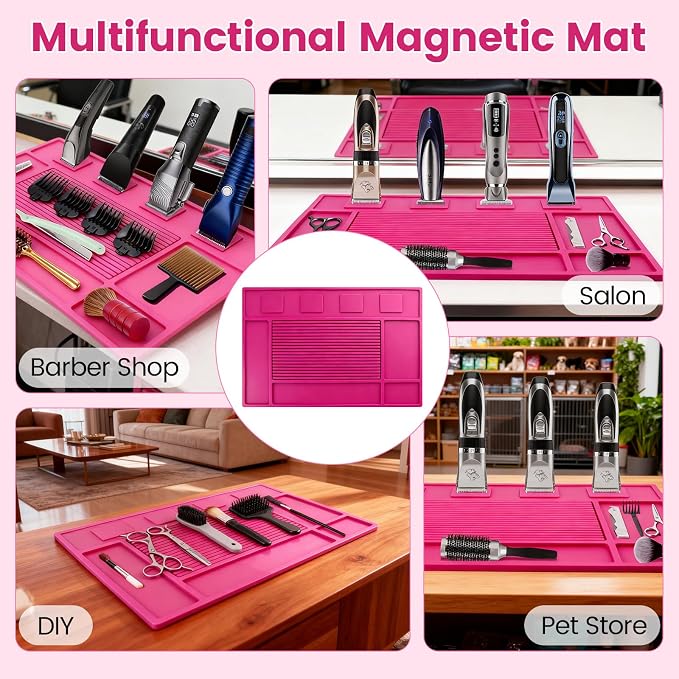 Magnetic Barber Mat for Clippers, Station Organizer with 4 Magnets | Silicone Material, Anti-Slip Surface, Heat-Resistant, Waterproof, Easy Clean, Tool Slots Design, For Barbershop & Salon