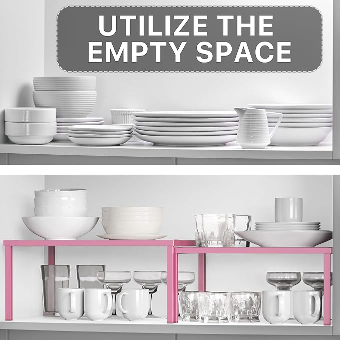 Simple Houseware Expandable Stackable Kitchen Counter Shelf Organizer, Pink, Metal Top, 11.25 in L x 7.9 in W x 5.4 in H | Expandable & Stackable 9" D x 12.75" W x 5.9" H