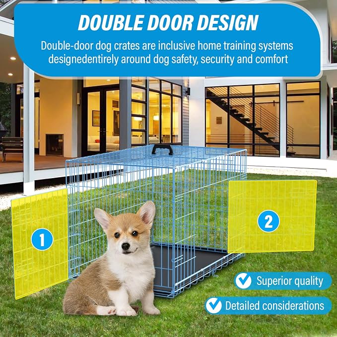 Dog Crate Dog Cage Dog Kennel Outdoor Metal Wire Double-Door Folding Pet Animal Pet Cage for Small Dog 24 inches with Plastic Tray and Handle,Blue