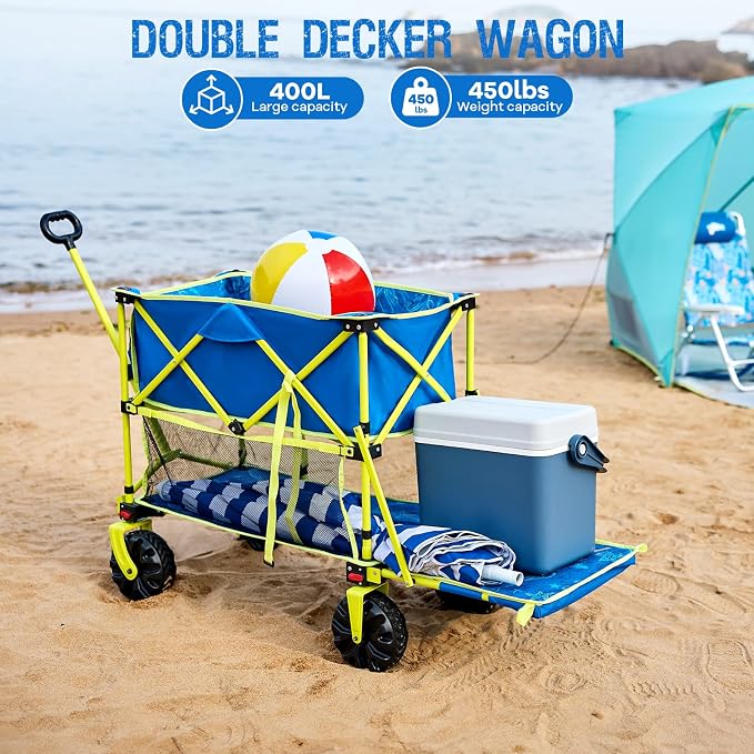 Old Bahama Bay 400L Collapsible Double Decker Beach Wagon with Brakes, Folding Beach Cart with 54" Extra Long Decker, 450LBS Heavy Duty Wagon Chart with All-Terrain Big Wheels for Sand Camping Garden