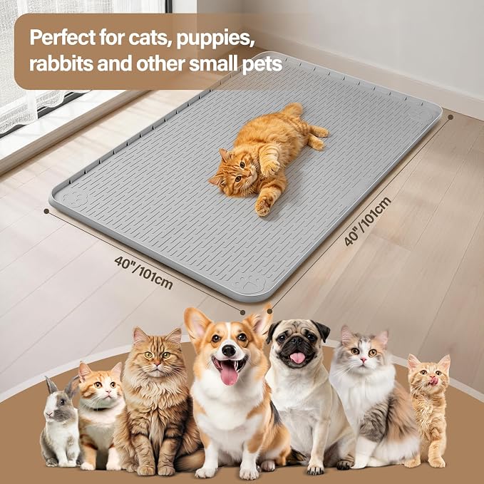 Silicone Cat Bed Mat 40"x40" Pet Crate Mat for Cat Cage, Light Grey | Extra Large Cat Sleeping Mat, Non-slip, Washable, Waterproof Pet Bed Mat with Raised Edge, Pet Playpen Mat to Protect Floors