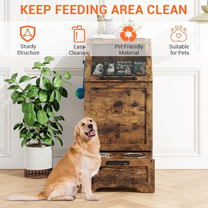 Top Opening Dog Feeding Station, Wooden Dog Food Storage Cabinet with 2 Elevated Dog Bowls, 3 Hooks, Hidden Design, Large Pet Food Storage and Feeding Station for Dogs, Cats, Retro