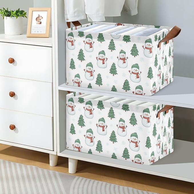 Cartoon Snowmen and Pine Tree Storage Basket Foldable Cube Storage Bins with Handles&Label Waterproof Organizer Box Bin Large Rectangle Decorative Baskets for Shelves Home Room Laundry, 2 Pack