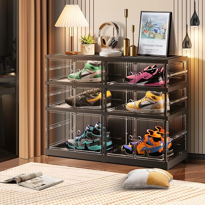 CIMLORD 3-Tier Foldable Shoe Rack, Magnetic Clear Doors, 12 Pairs, Black | Collapsible Plastic Shoe Cabinet, Stackable, Lidded, Tool-Free Assembly, Fits Boots & Sneakers, Closet & Entryway