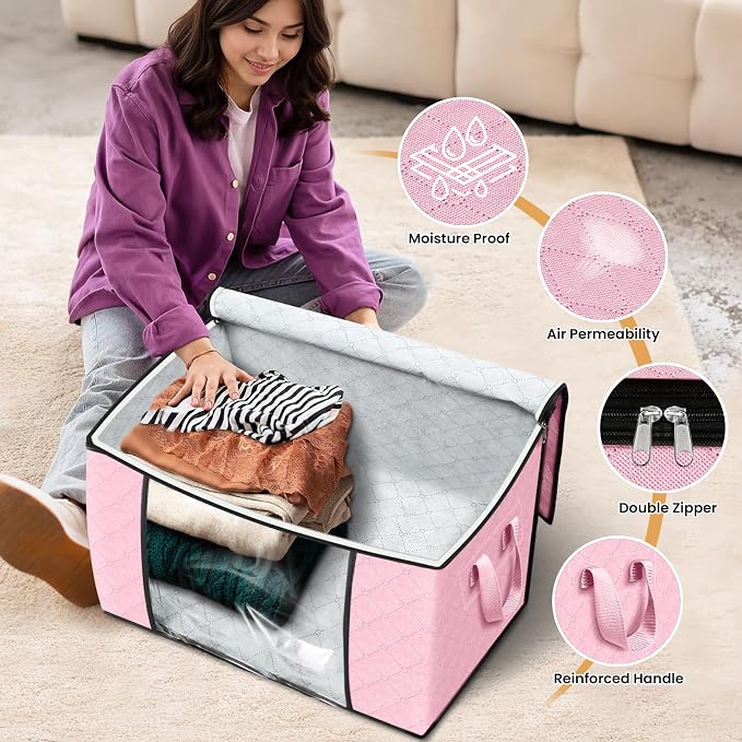 90L Clothes Storage, Foldable Thick Fabric Blanket Storage Bags | Foldable Containers with Zippers,Window and Handles for Organizing Bedroom, Closet, Comforter, Bedding,Dorm essentials