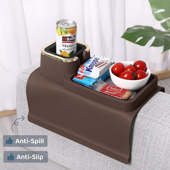 HMASYO Couch Cup Holder Tray – Weighted Silicone Sofa Armrest Organizer Table with Anti-Spill Coaster, Easy Reach for Drink, Snacks, Remote & Phone, Non-Slip Base, Easy Clean