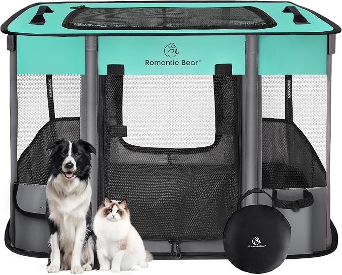 ROMANTIC BEAR Dog Playpen,Foldable Pet Puppy Cat Playpen,L(40"x32"x24") | Dog Crate with Upgrade Breathable Mesh and Durable 600D Oxford Cloth,Sturdy Dog Cage Indoor & Outdoor for Small Animals,Green