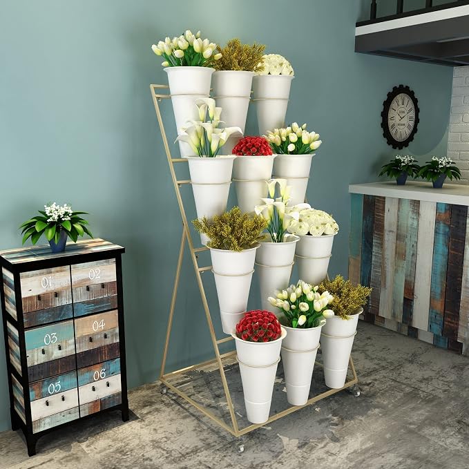 Flower Stand with Wheels Movable Wrought Iron Multi-Layer Flower Display Stand Plastic Flower Bucket Stand Flower Shop Balcony Courtyard