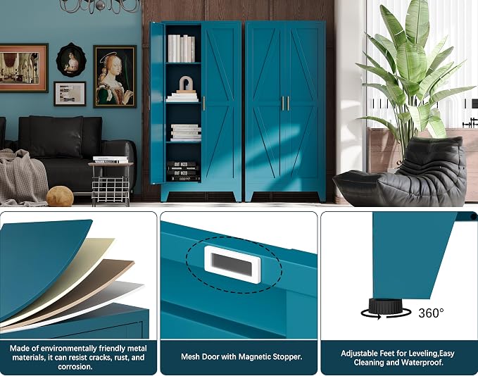 61" H Metal Storage Cabinets,Garage Cabinet,Broom Closet Storage Cabinet,Blue Storage Cabinets,Utility Cabinet