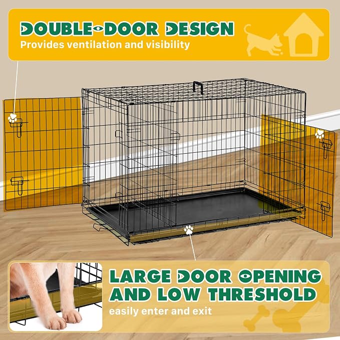 Extra Large Dog Crate 48 Inch, Metal Wire Foldable Dog Cage Kennel | Double Door, Secure Lock, Plastic Leak-Proof Pan Tray, Indoor Outdoor Training Pet