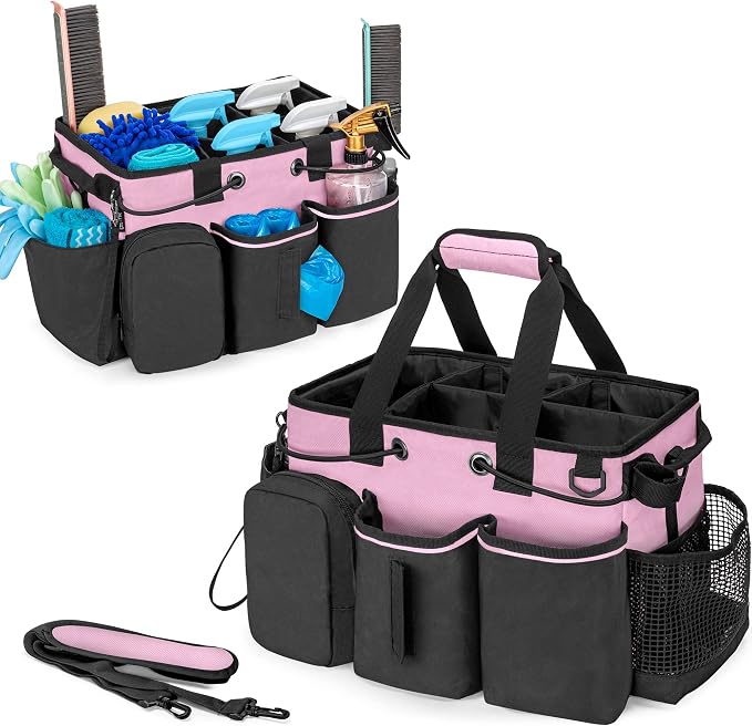 LoDrid Large Professional Cleaning Caddy with Detachable Divider, Pink | Cleaning Supply Organizer with Handle and Shoulder Strap for Housekeepers & Cleaners