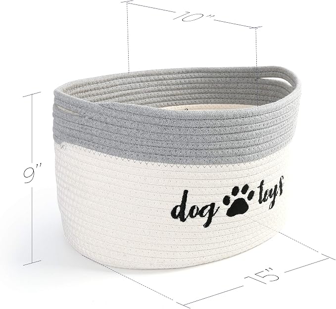 Cotton Rope Dog Toy Basket, Small Basket with Handles, Woven Storage Bin for Dogs Pets, 15x10x9 inch Pet Basket Container Holder for Toys, White and Grey