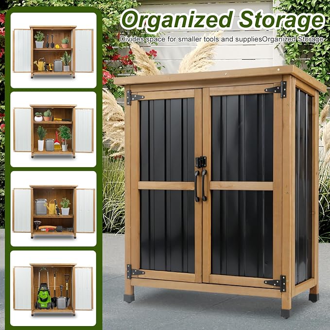 Ketive Small Outdoor Storage Cabinet Wood & Metal, Small Garden Tool Storage Cabinet with Asphalt Roof, Double Lockable Doors & Removable Shelves for Porch, Patio, Garden, Backyard