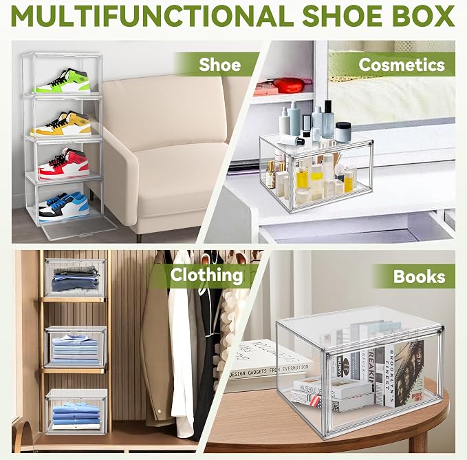 1 Pack Clear Plastic Shoe Boxes, Stackable Magnetic Door, Fit Size 12.5 | 14.2 x 10.6 x 8.1 in clear plastic boxes for daily sneakers, casual shoes and closet storage