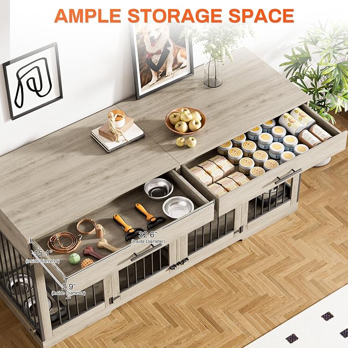Rophefx 72" Dog Crate Furniture for 2 Dogs, Large Dog Kennel Furniture with 2 Storage Drawer and Removable Divider, Wooden Dog Cage with 4 Bowls, Indoor Dog House TV Stand for Medium Dog, Grey