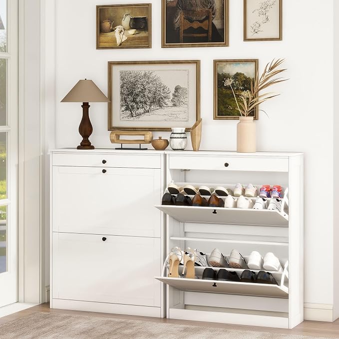FTZxHKLX Shoe Cabinet, Hidden Shoe Storage Cabinet with 2 Flip Drawers | Wooden Shoe Rack with Adjustable Shelf, Modern Freestanding Shoe Rack Organizer for Entryway, Hallway, Living Room, White