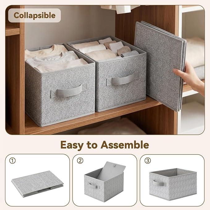 GRANNY SAYS Closet Storage Bins with Handles, Gray, Small, 3-Pack | Small Closet Storage Bins for Shelves, Collapsible Storage Boxes, Decorative Organizers for Closet Shelf