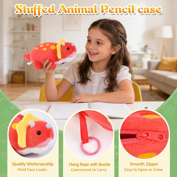 BB FUN HOUSE Pencil Case for Kids, 3D Plush Animal Dog Dinosaur Pencil Pouch Soft Stationery Storage Pen Bag for Girls and Boys School Supplies