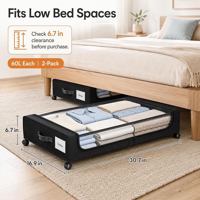 Camkey® Under Bed Storage with Wheels, 2-Pack 60L Bins, Low Profile, Black | Two 60L Rolling Underbed Storage Bins with 360° Wheels, Clear Zippered Lids, Pull Handles, Label Pockets and Black Fabric