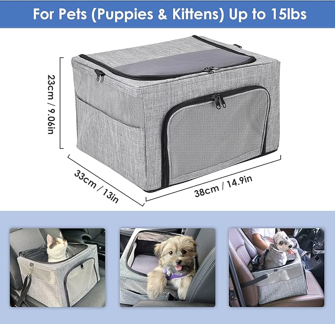 SlowTon Dog Car Seat - with Reinforced Metal Frame for Pets up to 15lbs | Safe Pet Car Seat with Safety Belt & Waterproof Pee Pad & Top Cover, Portable Collapsible Puppy Carrier Bag for Small Dogs