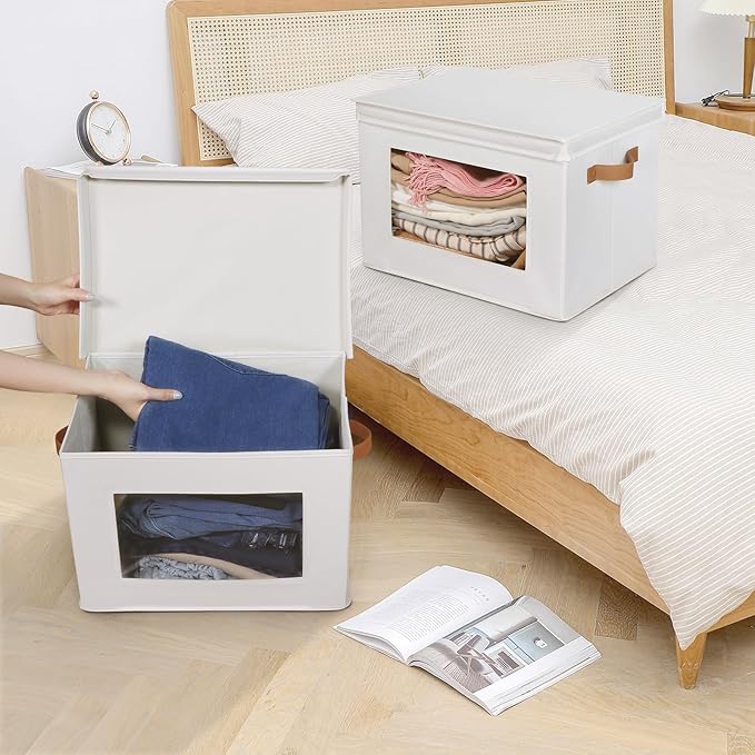 Univivi Fabric Storage Bins with Lids for Clothes 3 Pack, Beige | 17 x 12 x 12 In Foldable Storage Boxes with Handles, Clear Window, Closet Organizers for Home, Bedroom