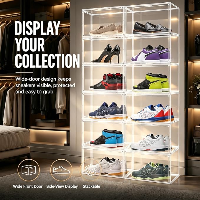 9 Pack Clear Acrylic Shoe Sneaker Boxes Fits Size 13, Wide Magnetic Door | Stackable shoe showcase for sneakers, high tops, large shoes, shoe collection display storage. Exterior 14.1 x 10.6 x 8.9 in