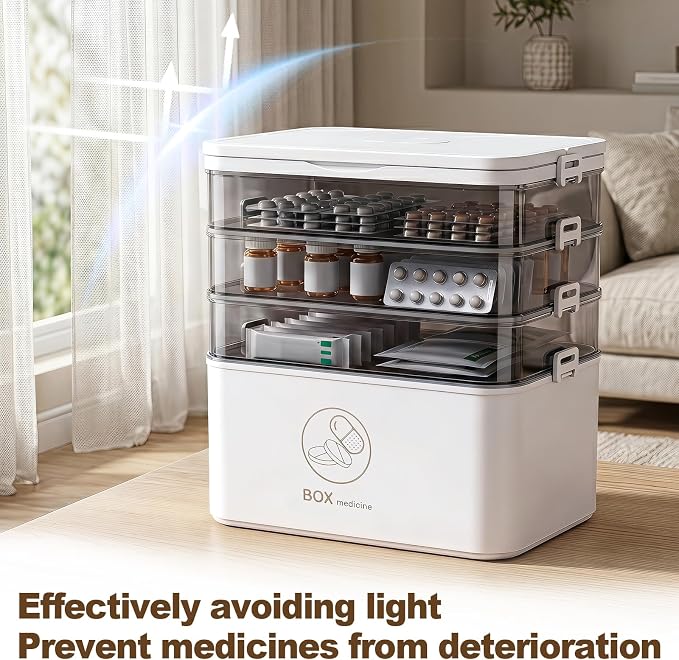 5-Tier Medicine Storage Organizer with Portable Pill Case, Portable First Aid Box with Removable Layers, Clear Medical Storage Container for Medicines, Vitamins & Emergency Supplies