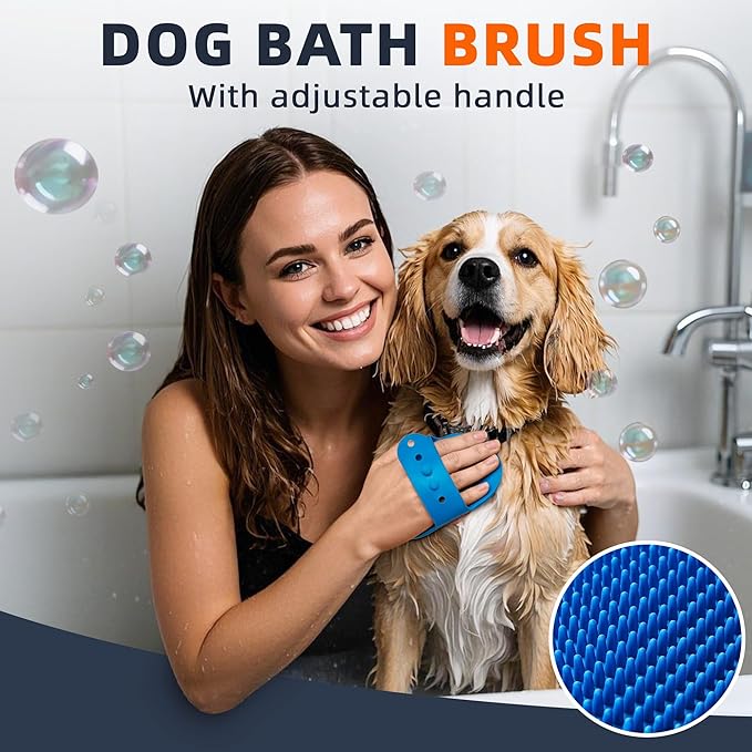 4PCS Dog Bath Brush | Scrubber for Bath | Shampoo Brush | Toothbrush | Finger Toothbrush | Dog Shower/Washing Brush with Adjustable Ring Handle - Pet Bath Supplies (Blue Yellow)