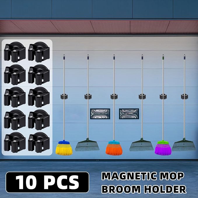 Vercraft 10 Pcs Magnetic Broom Holder Wall Mounted Anti Slip Rack,Black | Movable Magnetic Organizer for Mops Brooms, Dual Roller Grip, Wall Storage for Garage Kitchen Laundry Garden Tools