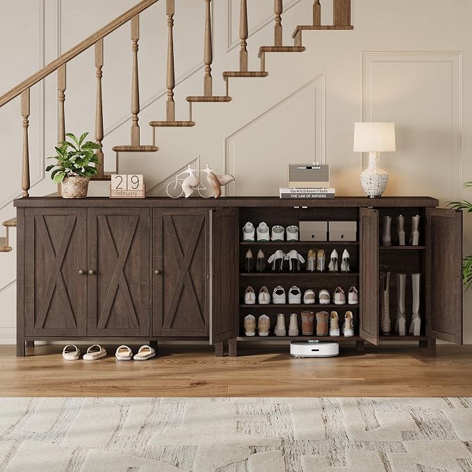 Farmhouse Shoe Cabinet with 3 Barn Doors & Wood Legs, 5-Tier Shoe Storage Cabinet with 3 Adjustable Shelves, Tall Shoe Rack Organizer for Closet, Shoe Organizer for Entryway, Hallway, Dark Cherry