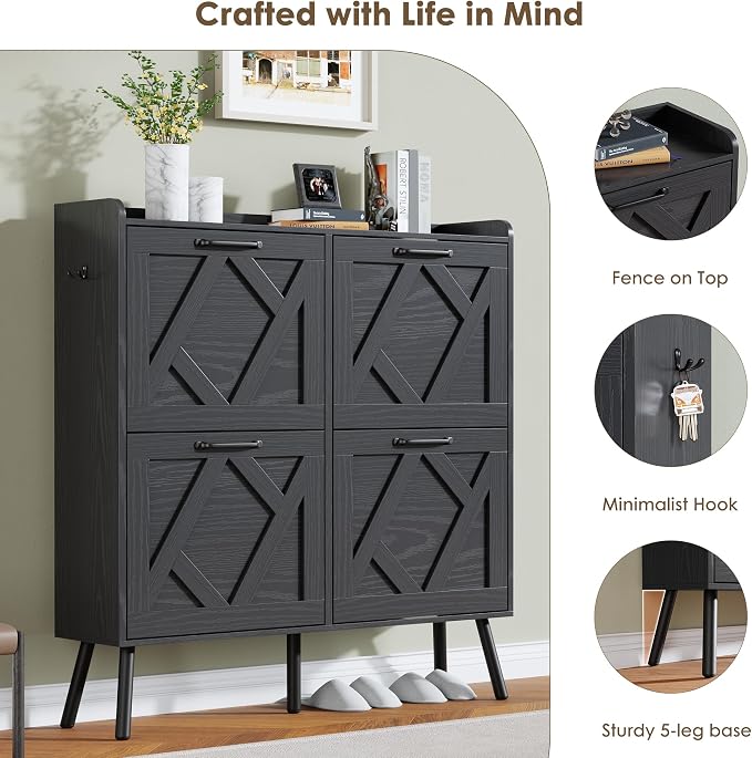 Shoe Cabinet with 4 Flip Drawers, Hidden Shoe Rack Cabinet with Metal Legs, Farmhouse Narrow Shoe Storage Cabinet for Entryway, Foyer, Hallway, Black