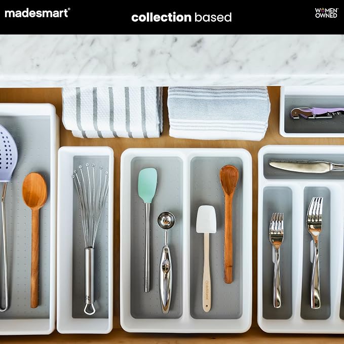 madesmart Classic 2 Compartment Compact Utensil Tray, White | non slip feet, rounded corners, soft grip lining, wide channels, spatulas whisks tongs, ladles serving spoons, woman owned