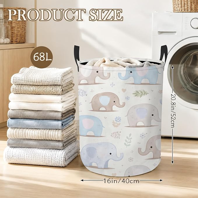 Baby Elephant Laundry Basket, Floral Leaves Collapsible Laundry Hamper Waterproof Oxford Cloth With Handles, Clothes Storage Bucket For Bathroom/Bedroom 16" x 20.8"