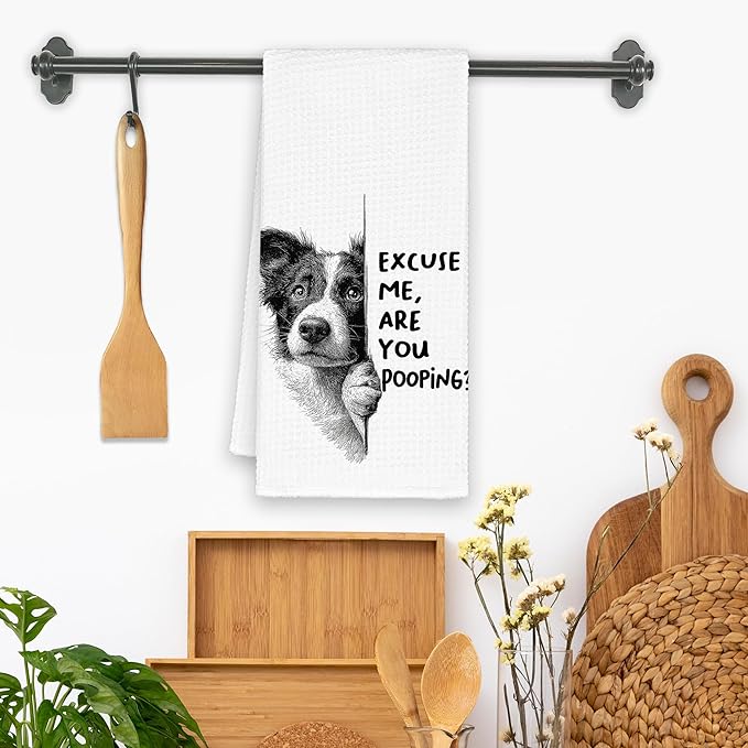 Funny Dog Border Collie Bathroom Towels, Cute Rustic Hand Kitchen Towels Gifts for Dog Lovers, are You Pooping Bar Dish Towel Decor for Dorm Bar Cafe 16x24in